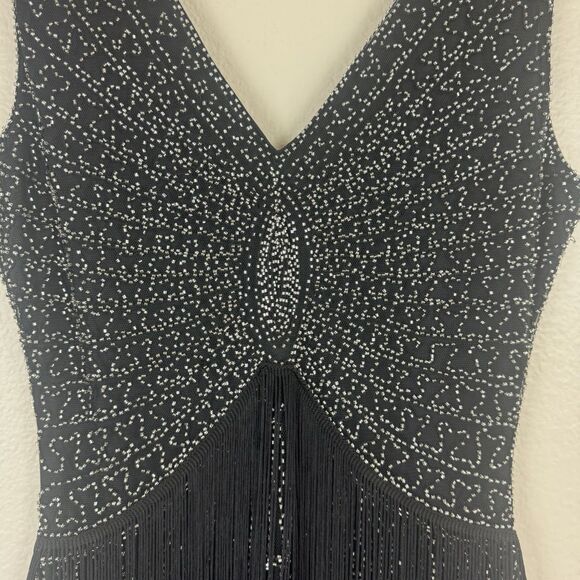 Unique Vintage Retro 1920s Fringe Beaded Mini Flapper Dress Black Silver Small - Picture 8 of 16